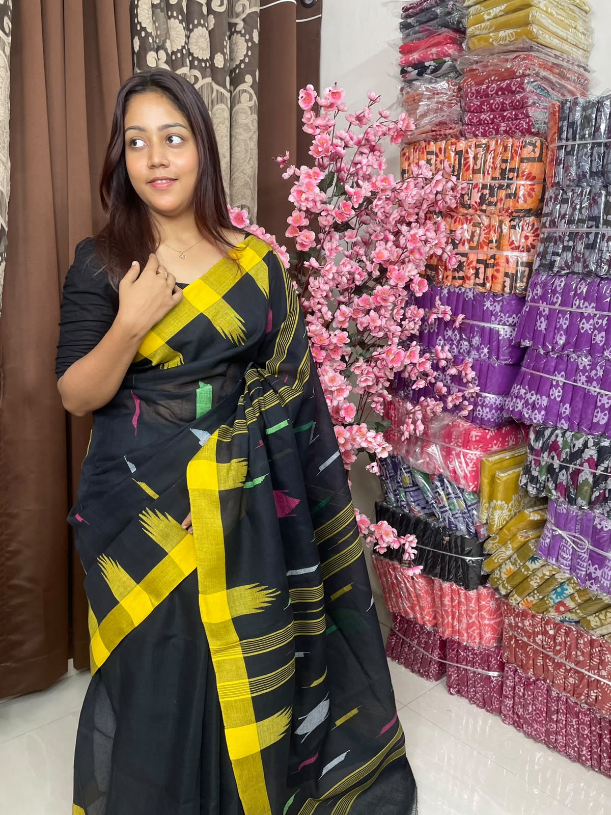 Monipuri Saree Black Saree with Yellow Par